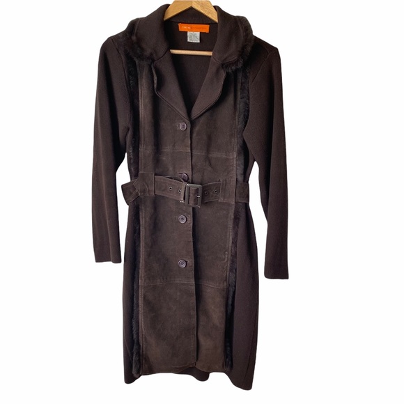 Vintage Brown Suede Sweater Coat Fur Collar Trench Coat M - Picture 3 of 13